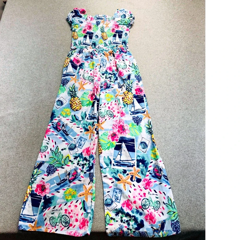 Gymboree Girls Size 12 Linen Blend Smocked Nautical Tropical Wide Leg Jumpsuit